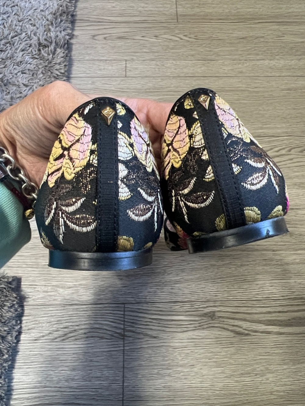 Sam Edelman Black Pointed D'Orsay Flats with Pink and Gold Floral Embroidery - Picture 7 of 12
